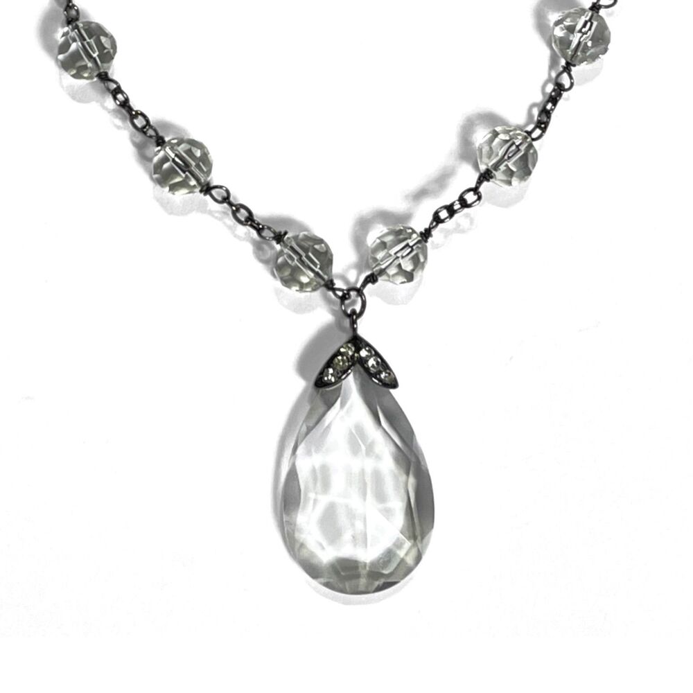 Teardrop Crystal Pendant Necklace Fire Polished Faceted Bead Gunmetal Station